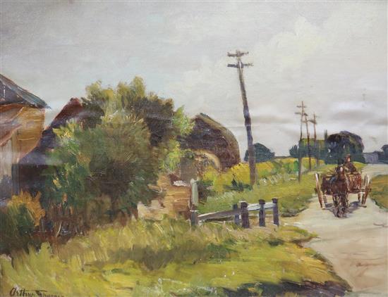 Arthur Spooner, oil on canvas laid on board, Horse and cart on a lane, signed, 26 x 33cm